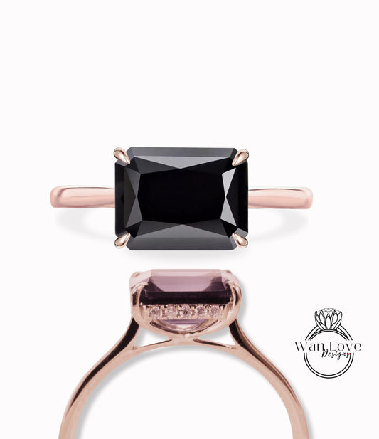 Black Spinel & Diamond engagement ring plain rose gold tapered band Unique east west Side Halo vintage engagement ring women diamond wedding Anniversary gift