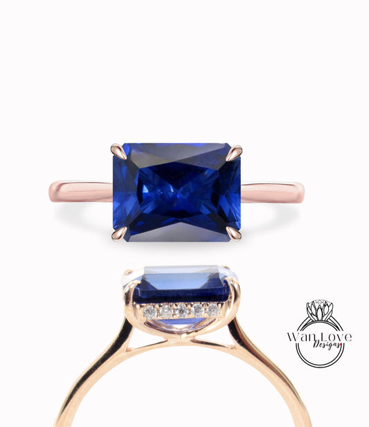 Blue Sapphire & Diamond Engagement Ring, Side Halo Ring, Emerald cut ring, Plain band shank ring, Custom, Wedding or Anniversary ring
