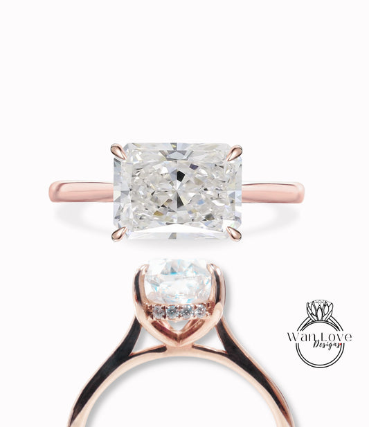 East West Diamond Side halo Radiant engagement ring Tapered plain band Lab Diamond ring rose gold prong ring Art deco Solitaire wedding bridal Anniversary promise