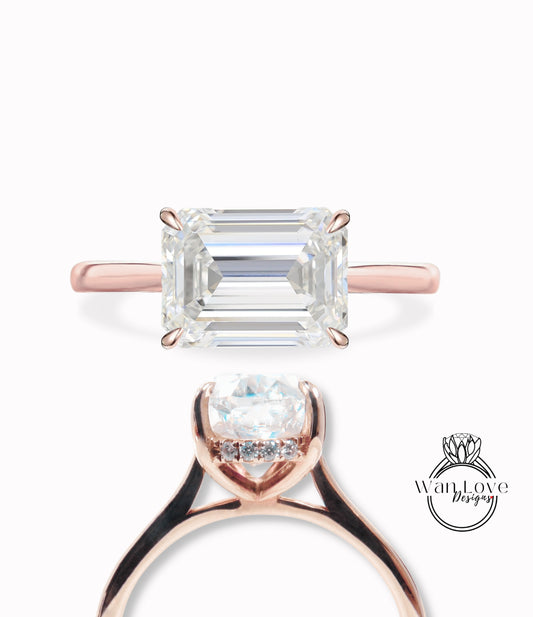 East West Emerald cut Diamond Side halo engagement ring Tapered plain band Lab Diamond ring rose gold prong ring Art deco Solitaire wedding bridal Anniversary promise
