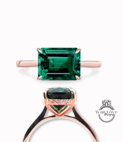 Emerald & Diamond Engagement Ring, Side Halo Ring, Emerald cut ring, Plain band shank ring, Custom, Wedding or Anniversary ring