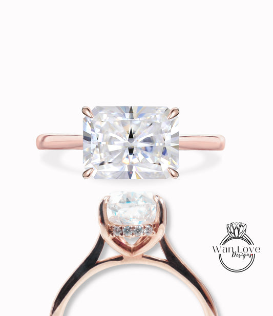 East West Radiant Moissanite Side Halo Engagement Ring Rose Gold minimalist tapered plain band Diamond band Art Deco Delicate Wedding Bridal Ring Anniversary Promise Ring
