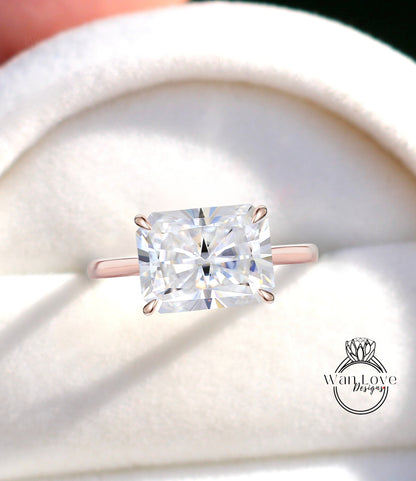 East West Radiant Moissanite Side Halo Engagement Ring Rose Gold minimalist tapered plain band Diamond band Art Deco Delicate Wedding Bridal Ring Anniversary Promise Ring