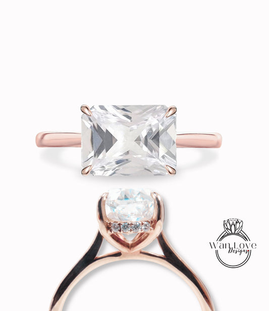 White Sapphire & Diamond engagement ring plain rose gold tapered band Unique east west Side Halo vintage engagement ring women diamond wedding Anniversary gift