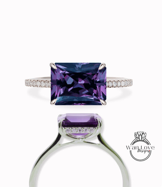 East West Purple Sapphire Alexandrite Color & Diamond Side Halo Half Eternity Engagement Ring Emerald Radiant 14k 18k White Yellow Rose Gold-Platinum-Custom-Wedding