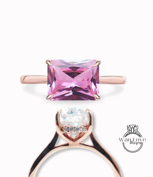 Pink Sapphire & Diamond Engagement Ring, Side Halo Ring, Emerald cut ring, Plain band shank ring, Custom, Wedding Anniversary Gift ring