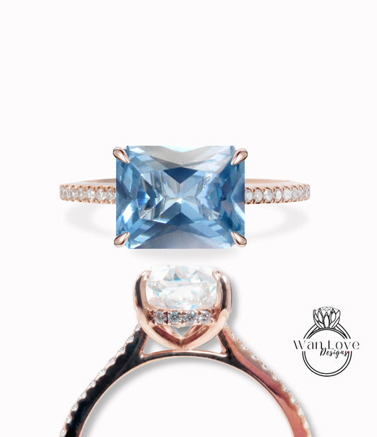 Aquamarine Blue Spinel & Diamond engagement ring gold Unique east west Halo vintage engagement ring women half eternity diamond wedding Anniversary gift