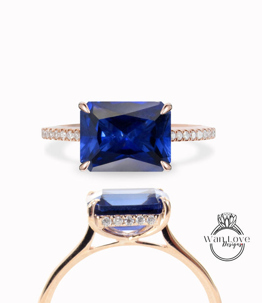 Emerald cut Blue Sapphire engagement ring gold Unique east west Halo engagement ring women almost eternity diamond wedding Anniversary gift