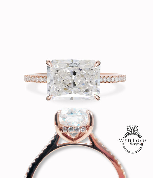 East west Radiant Diamond Engagement Ring Side Halo Emerald Diamond gold Ring Art Deco Wedding Bridal Ring Anniversary Promise Ring
