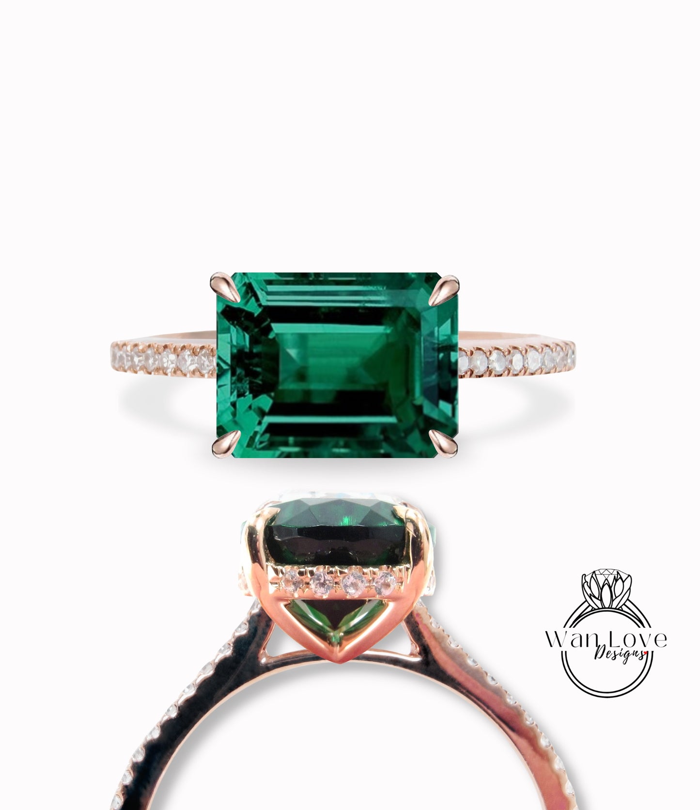 Emerald engagement ring gold Unique east west Halo vintage engagement ring women almost eternity diamond wedding Anniversary gift