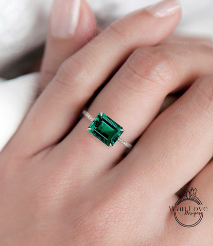 Anello di fidanzamento con smeraldo, oro Unico anello di fidanzamento vintage East West Halo da donna, quasi eternità, regalo di anniversario di matrimonio con diamanti