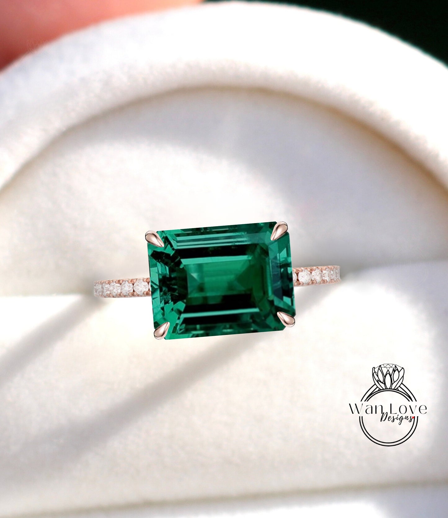 Emerald engagement ring gold Unique east west Halo vintage engagement ring women almost eternity diamond wedding Anniversary gift
