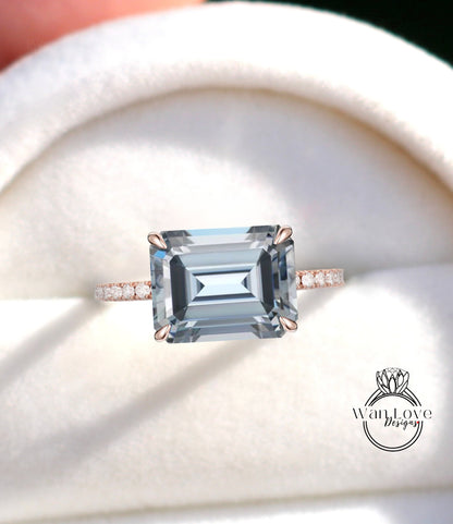 East west Emerald Gray Moissanite Engagement Ring Radiant Side Halo Diamond gold Ring Art Deco Wedding Bridal Ring Anniversary Promise Ring
