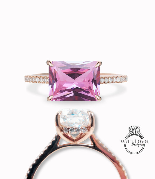 Pink Sapphire & Diamond engagement ring gold Unique east west Halo vintage engagement ring women half eternity diamond wedding Anniversary gift
