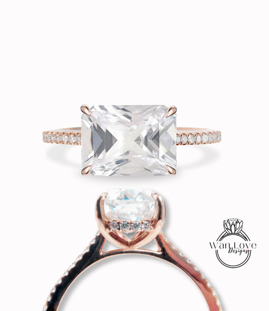 White Sapphire & Diamond engagement ring gold Unique east west Halo vintage engagement ring women half eternity diamond wedding Anniversary gift