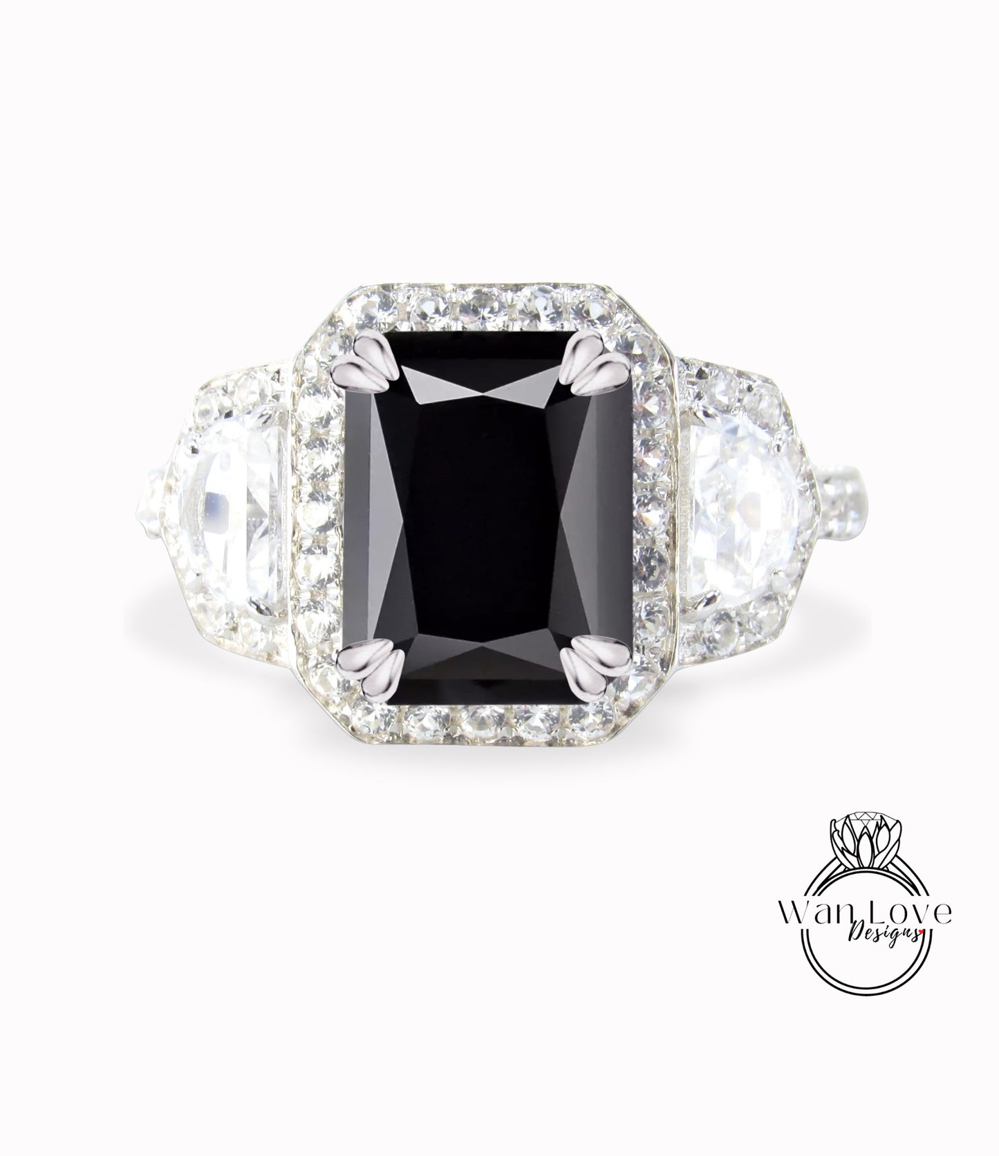 Emerald cut Black Spinel ring prong ring half moon diamond ring radiant moissanite white gold ring vintage ring art deco ring bridal ring