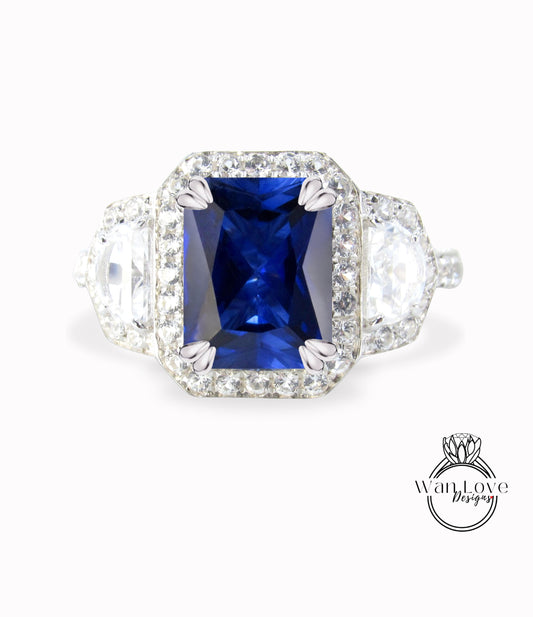 Art deco elongated cushion Blue Sapphire engagement ring rose gold three gem stone ring half moon diamond halo ring anniversary promise ring