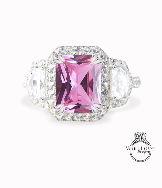 Pink Sapphire Diamond Engagement Ring Half Moon Trapezoid 3ct 9x7mm 14k 18k White Yellow Rose Gold Platinum Custom Wedding Anniversary Gift