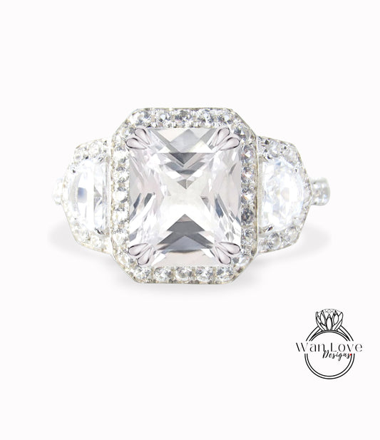 Emerald cut White Sapphire ring prong ring half moon diamond ring radiant moissanite white gold ring vintage ring art deco ring bridal ring