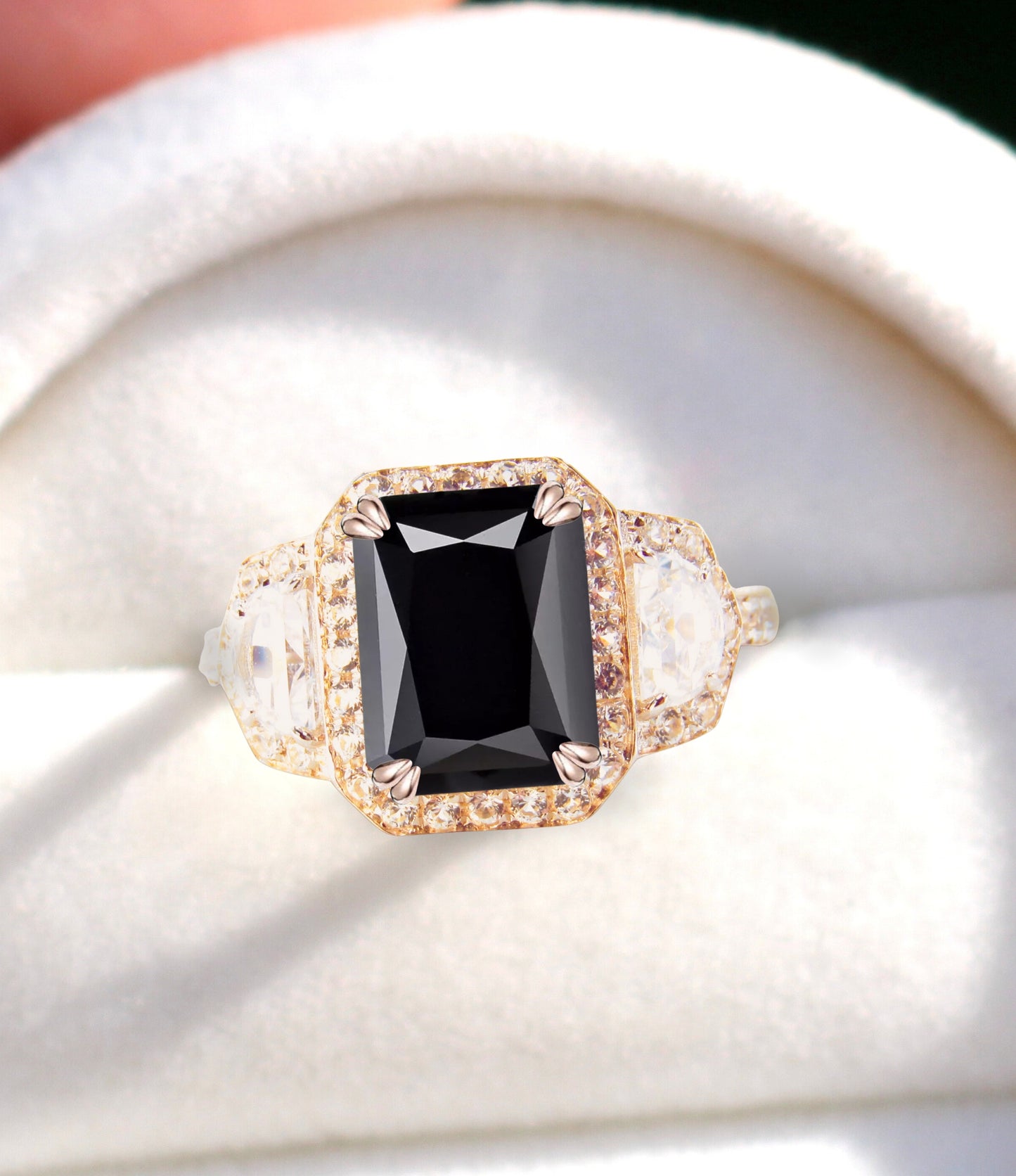 Emerald cut Black Spinel ring prong ring half moon diamond ring radiant moissanite white gold ring vintage ring art deco ring bridal ring