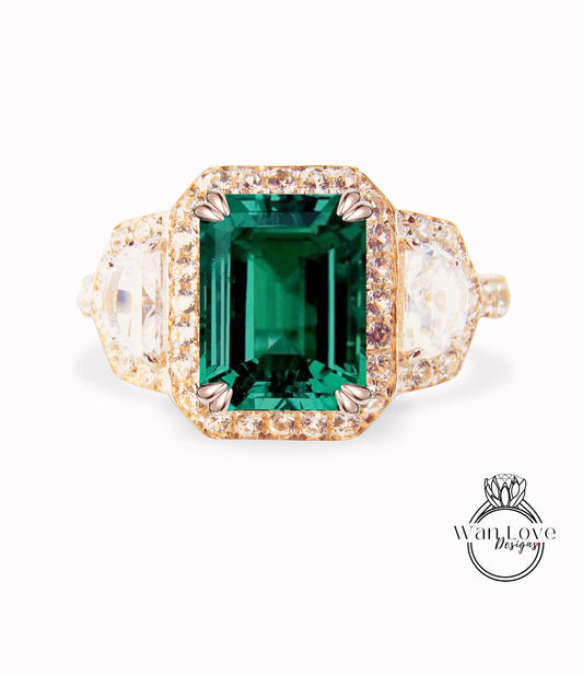 Elongated Cushion Emerald engagement ring vintage rose gold three gemstone ring half moon trapezoid diamond halo Bridal Anniversary ring
