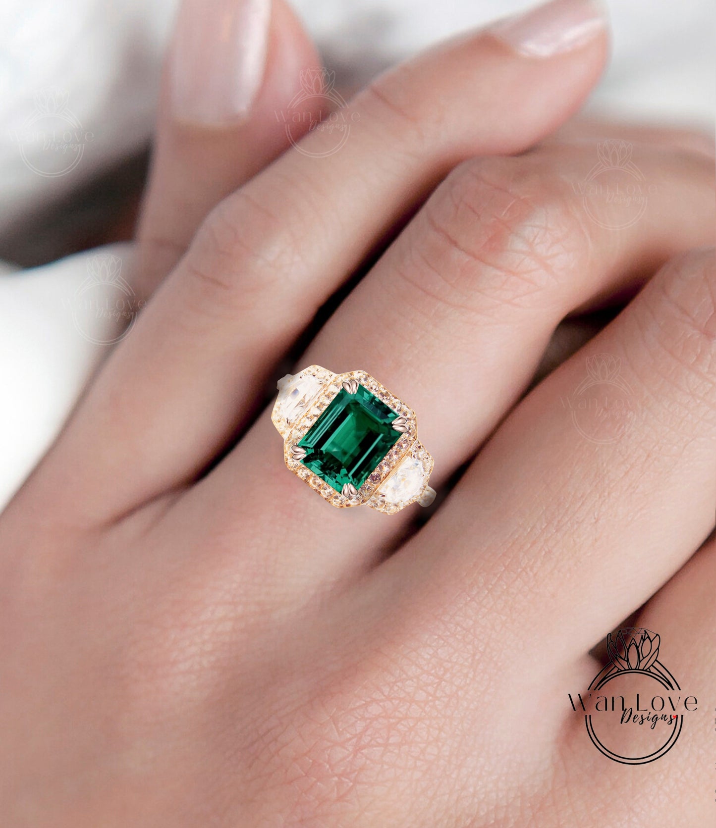 Elongated Cushion Emerald engagement ring vintage rose gold three gemstone ring half moon trapezoid diamond halo Bridal Anniversary ring