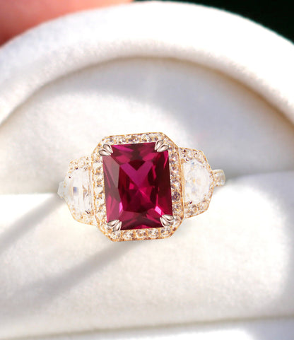 Art deco elongated cushion Ruby engagement ring rose gold three gem stone ring half moon diamond halo ring unique anniversary promise ring