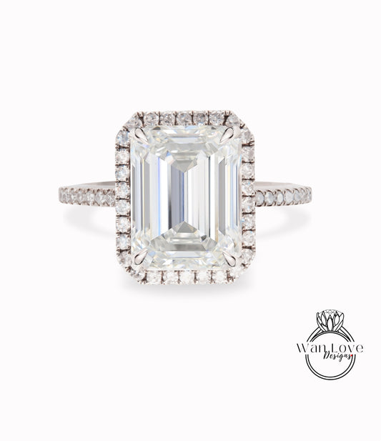 Emerald Diamond Halo Ring Moissanite & Diamond Engagement Ring Art Deco Radiant rose gold Halo Ring wedding anniversary bridal promise ring