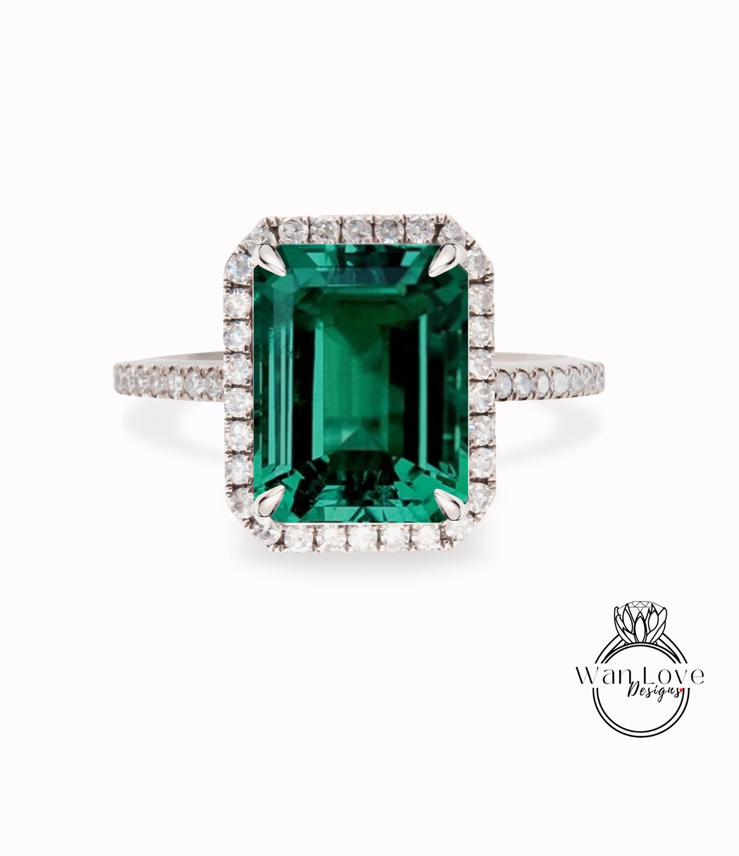 Vintage Emerald Engagement Ring Emerald cut Rose Gold half eternity Ring Diamond Halo birthstone Bridal ring Anniversary Promise Ring