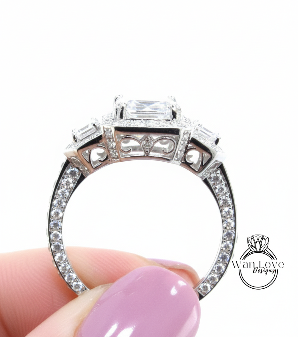 Emerald and Baguette Certified lab grown diamond Three Stone Engagement Ring, Art deco baguette ring Radiant Cut Engagement Ring,Bridal Gift