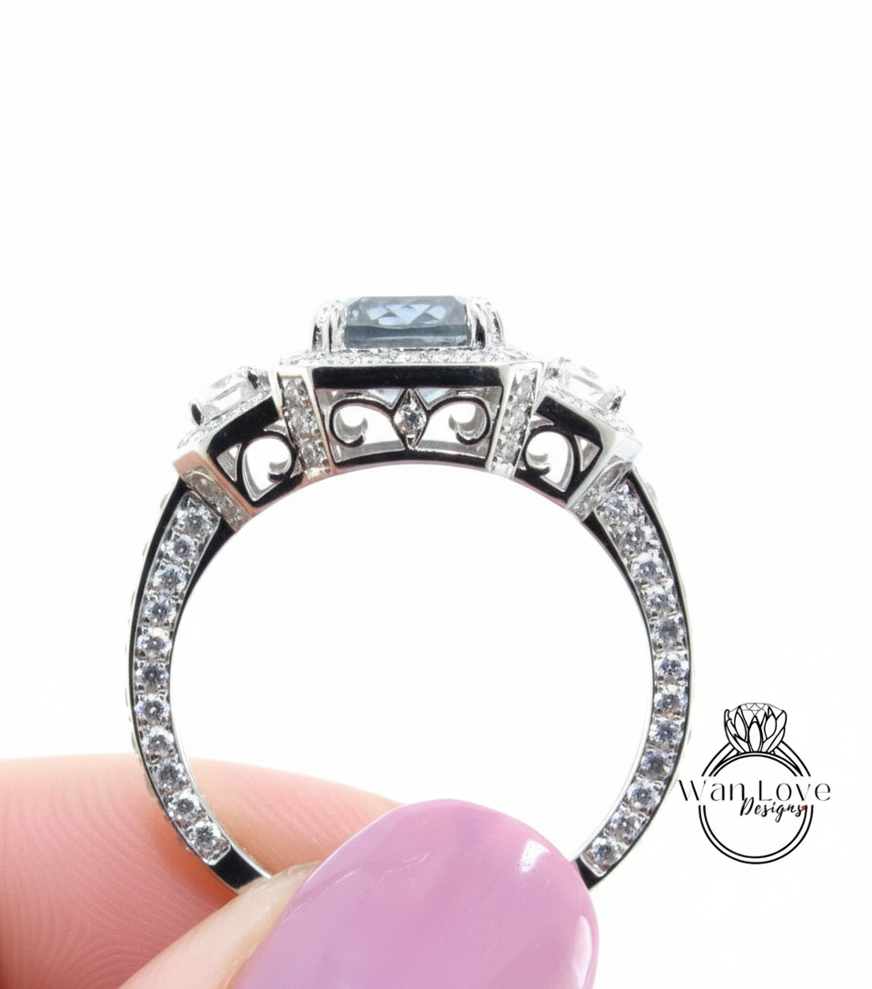 Cuscino allungato Art Déco Anello di fidanzamento Moissanite Anello in oro rosa con tre pietre preziose Anello a mezza luna con diamante Halo Anello di promessa anniversario