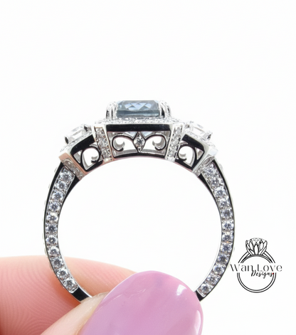 Cuscino allungato Art Déco Anello di fidanzamento Moissanite Anello in oro rosa con tre pietre preziose Anello a mezza luna con diamante Halo Anello di promessa anniversario