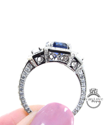 Vintage Three Stone White Gold Engagement Ring, 3ct Elongated cushion Cut Purple Sapphire Wedding Ring, Bridal Promise Ring Anniversary Gift