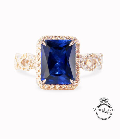 Anello di fidanzamento con gambo twist con zaffiro blu e diamanti smeraldo Halo Infinity, 3/4 eternità, personalizzato, oro 14k 18k, platino, WanLoveDesigns