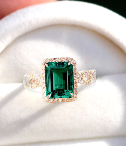Emerald Ring, Emerald Cut Diamond Halo Ring, Twisted Split Shank Band Accents 14k White Gold Wedding Engagement Ring, Pave Set Ring