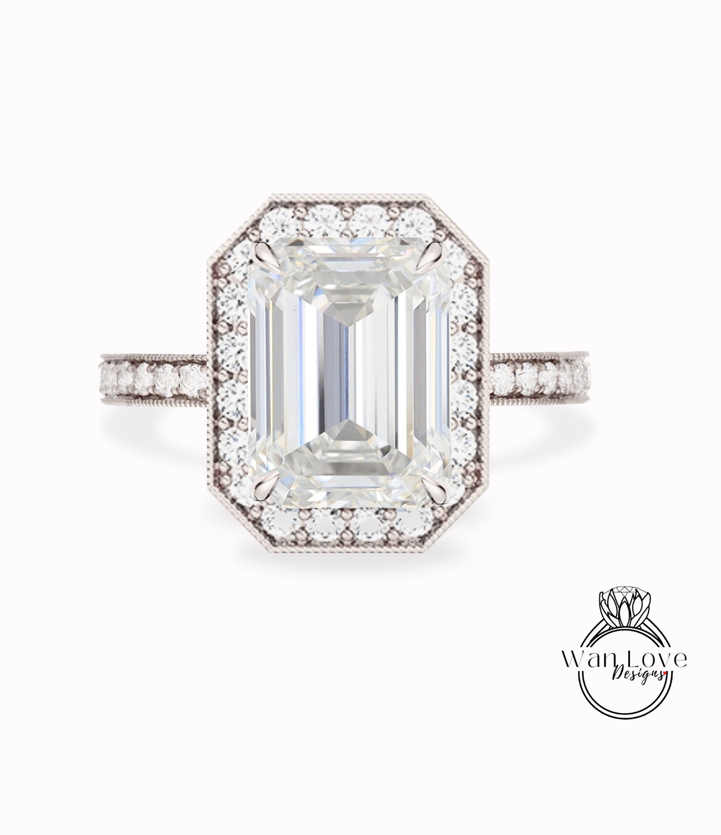 Milgrain Halo Emerald cut Moissanite Diamond Engagement Ring/ Half Eternity Moissanite Rings/ Diamond Halo Wedding Rings/ Statement Ring