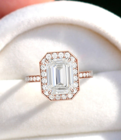 Milgrain Halo Emerald cut Moissanite Diamond Engagement Ring/ Half Eternity Moissanite Rings/ Diamond Halo Wedding Rings/ Statement Ring
