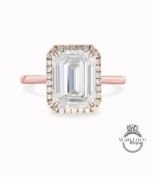 Emerald cut Moissanite engagement ring rose gold halo ring diamond halo tapered plain thin dainty band art deco anniversary promise ring