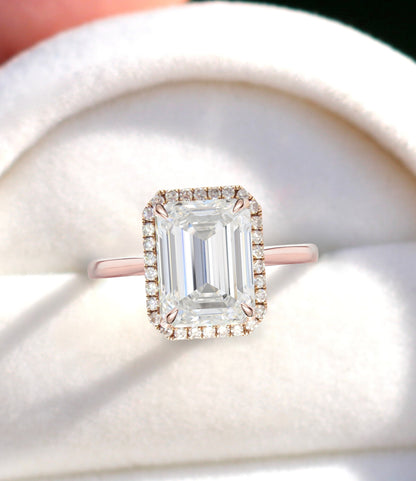 Emerald cut Moissanite engagement ring rose gold halo ring diamond halo tapered plain thin dainty band art deco anniversary promise ring