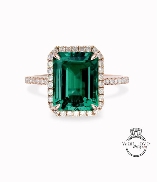 Emerald & Diamond Halo Engagement Ring- Low profile Custom made-Wedding-Anniversary-10k 14k 18k White Yellow Rose Gold-Platinum