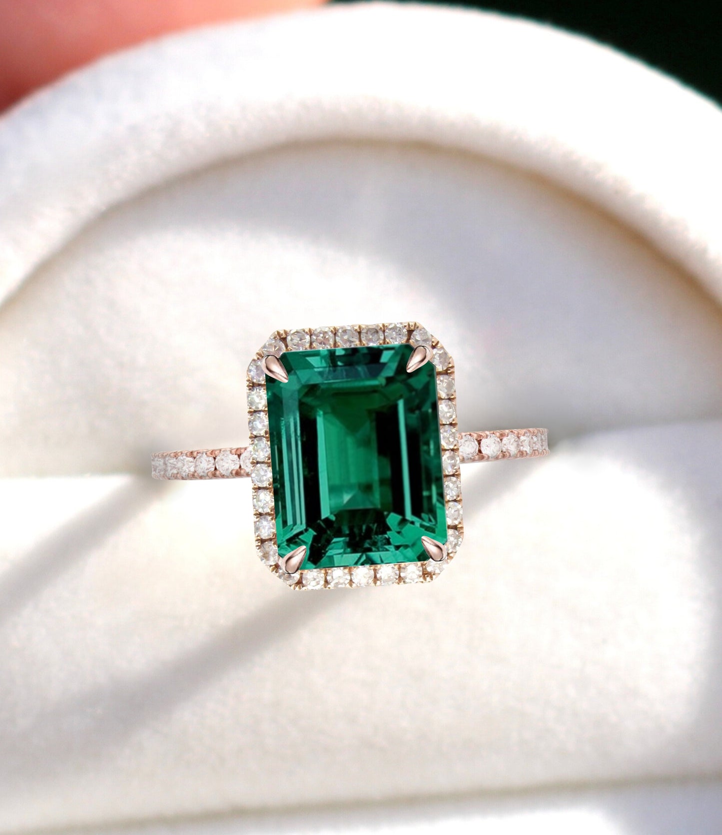 Emerald & Diamond Halo Engagement Ring- Low profile Custom made-Wedding-Anniversary-10k 14k 18k White Yellow Rose Gold-Platinum