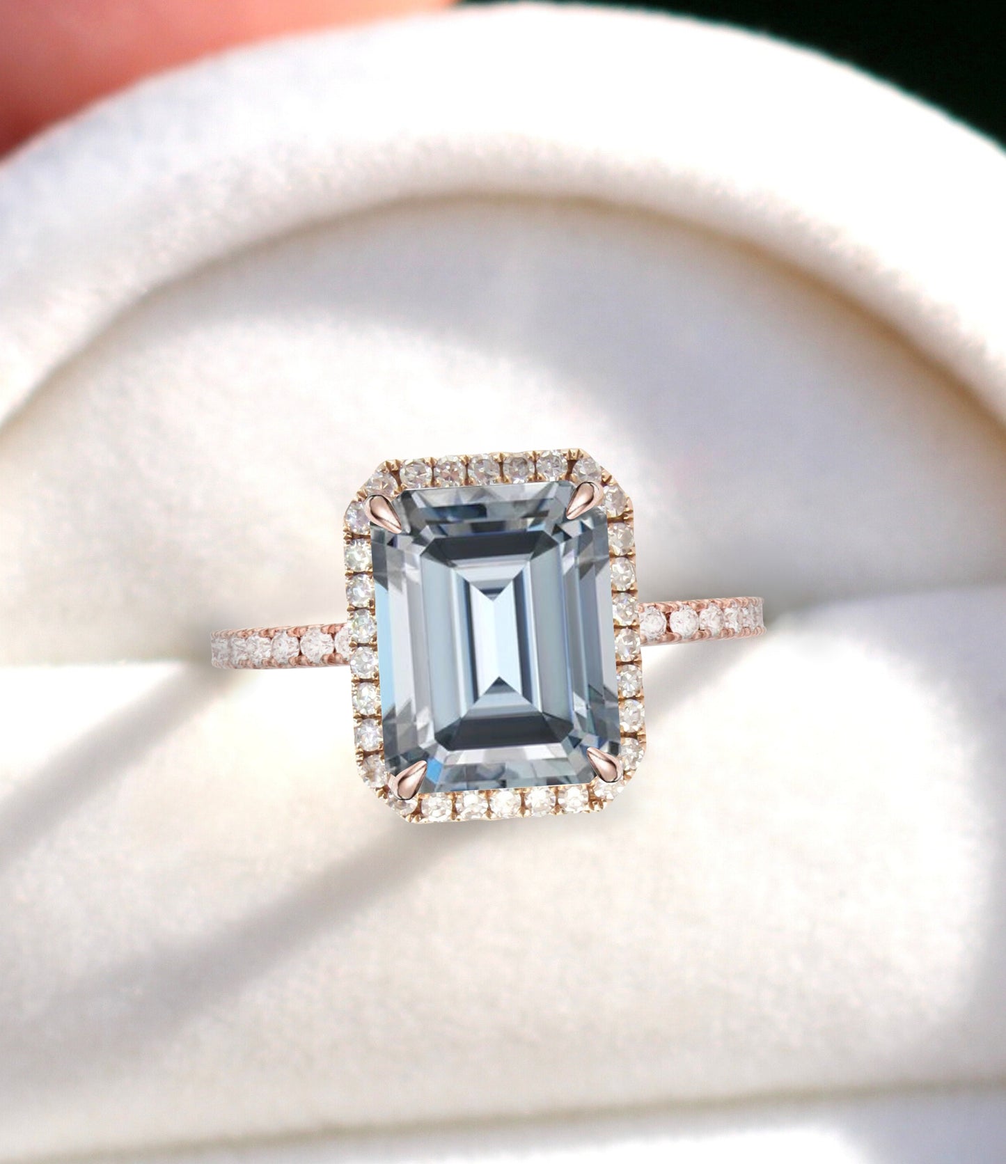 Diamond Halo Ring Grey Moissanite & Diamond Radiant Engagement Ring Art Deco Emerald Gray Halo Ring wedding anniversary bridal promise ring