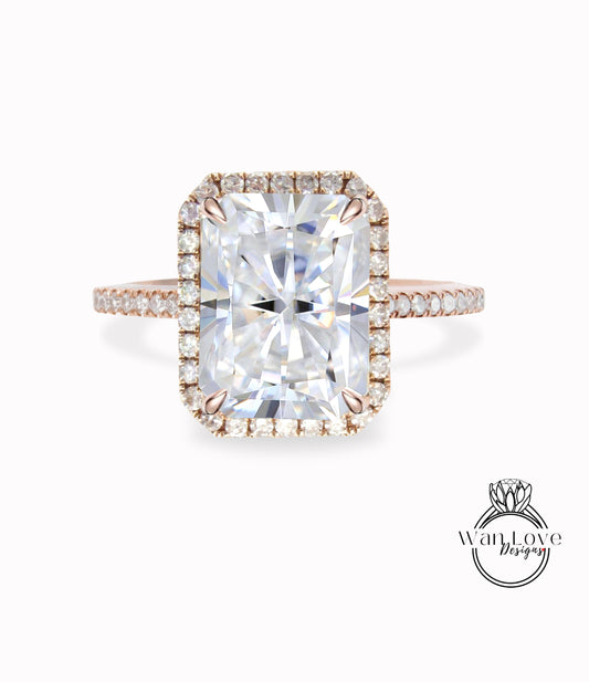 Diamond Halo Ring Moissanite & Diamond Radiant Engagement Ring Art Deco Emerald rose gold Halo Ring wedding anniversary bridal promise ring