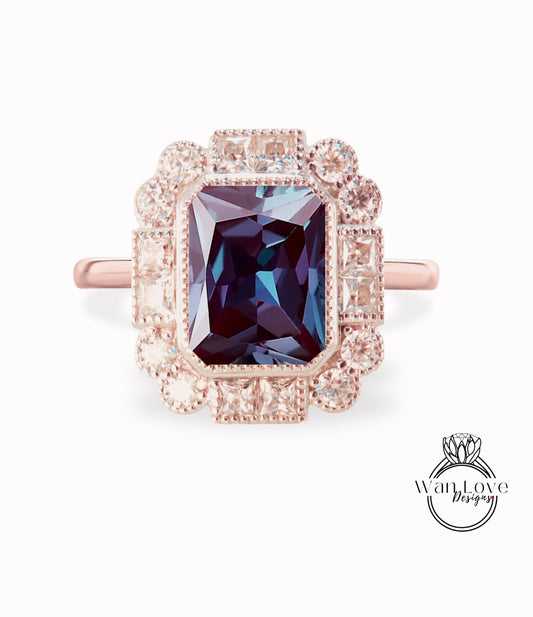 Alexandrite Emerald Milgrain Bezel Princess Round Halo Engagement Ring Antique Moissanite Custom Wedding