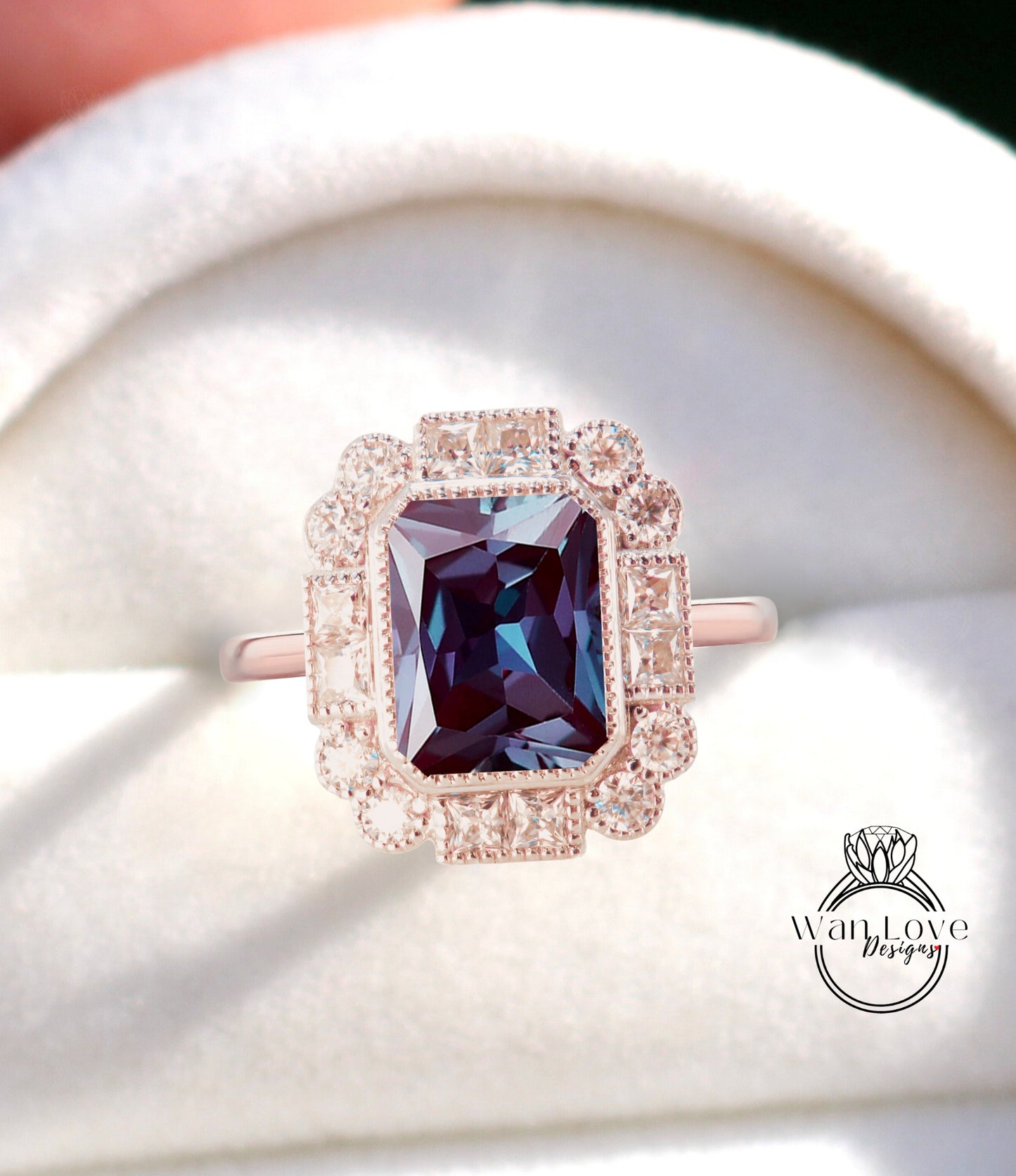 Alexandrite Emerald Milgrain Bezel Princess Round Halo Engagement Ring Antique Moissanite Custom Wedding