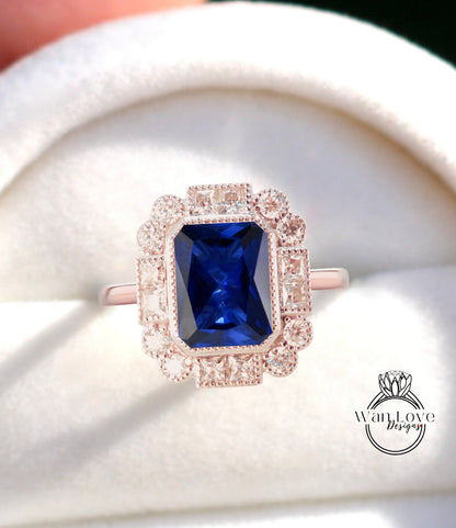 Anello di fidanzamento rotondo Halo con castone Milgrain con zaffiro blu e smeraldo, matrimonio personalizzato antico con moissanite