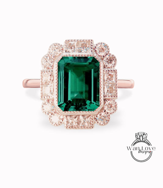 Emerald Milgrain Bezel Princess Round Halo Engagement Ring Antique Moissanite Custom Wedding