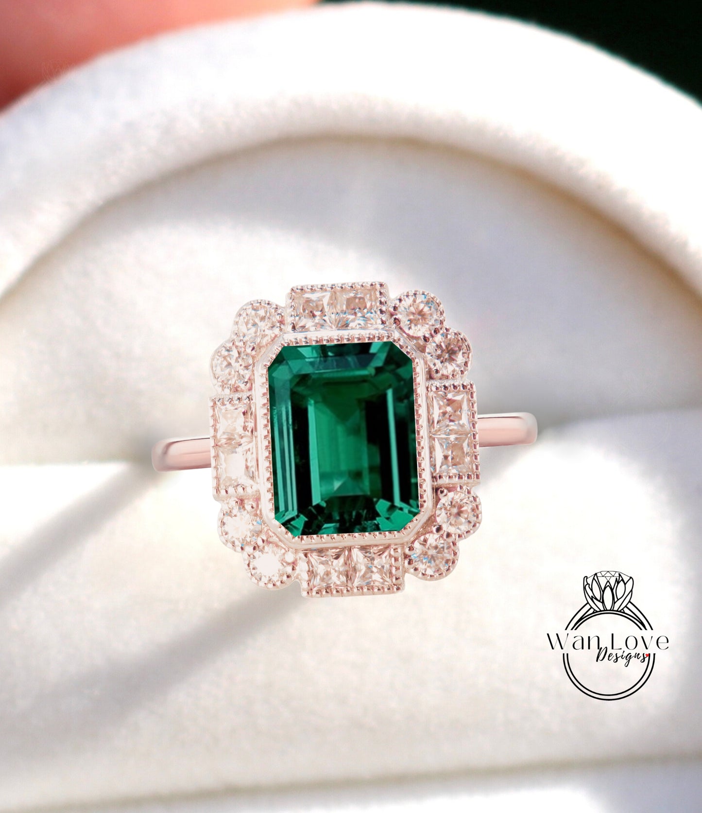 Emerald Milgrain Bezel Princess Round Halo Engagement Ring Antique Moissanite Custom Wedding