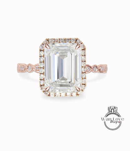 Anello Halo con diamante smeraldo Anello di fidanzamento con diamante Moissanite e Art Deco Anello Halo in oro rosa radiante, anniversario di matrimonio, anello di promessa nuziale