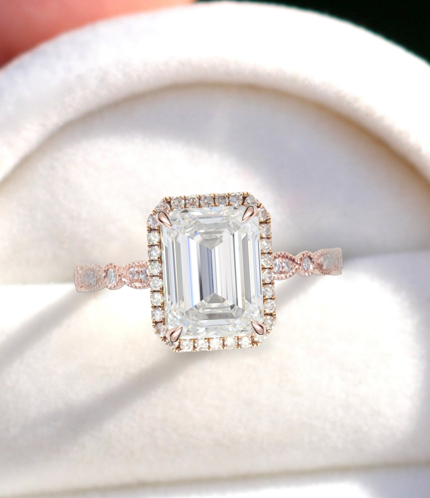 Anello Halo con diamante smeraldo Anello di fidanzamento con diamante Moissanite e Art Deco Anello Halo in oro rosa radiante, anniversario di matrimonio, anello di promessa nuziale